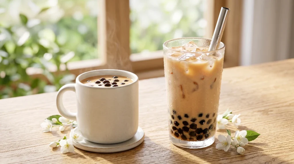 To show serving ideas for a jasmine milk tea recipe, a hot mug with boba pearls sits beside a tall iced glass with boba and a metal straw. They are set on a light oak wood table. Fresh jasmine flowers are scattered nearby in bright natural window light. We bend the strictly zero utensils rule here for a metal straw to show how to serve both ways. This is perfect for Viral Food Hacks fans everywhere