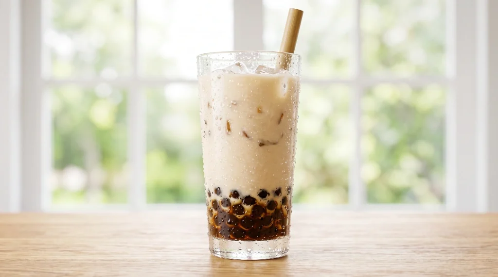 To show why this is the best jasmine milk tea recipe, a tall glass filled with ice, boba pearls, and creamy milk tea sits on a light oak wood table. It is set against a bright, airy window background. We bend the strictly zero utensils rule here for a bamboo straw to show the perfect drink. This clean shot is the quick and easy way to finish your project. It shows the quality you get when you make small batches at home for your family