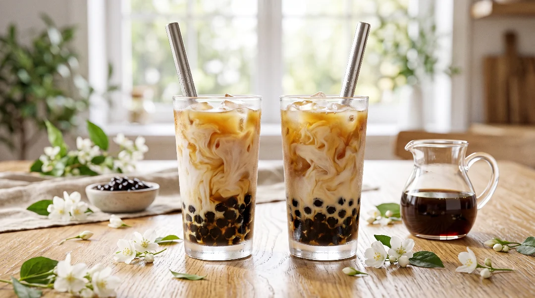 to show the best jasmine tea latte recipe, two glasses with boba pearls and beautiful layered milk and tea sit on a light oak wood table. Fresh jasmine flowers and a small pitcher of simple syrup are scattered nearby in bright natural window light. We bend the strictly zero utensils rule here for two metal straws to show the perfect serve. This clean, premium look is perfect for Viral Food Hacks.
