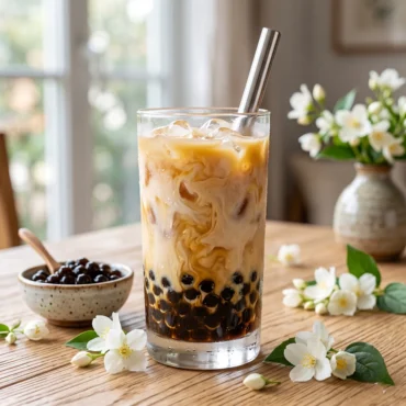 To show the best jasmine tea latte recipe, a tall glass filled with ice, boba pearls, and beautiful swirls of milk and tea sits on a light oak wood table. Fresh white jasmine flowers and a small bowl of pearls are scattered nearby in bright natural window light. We bend the strictly zero utensils rule here for a metal straw to show the final serve. This clean, premium look is perfect for Viral Food Hacks.