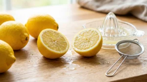 Homemade lemonade with fresh lemons preparation showing halved citrus, a clear glass juicer, and a sieve on a light oak wood table.