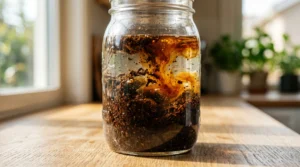 Water and coffee grounds mixing in a mason jar for a cold brew iced coffee recipe on a light oak wood table.