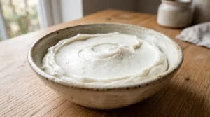 Smooth and fluffy icing in a bowl for a funfetti cake with buttercream frosting on a light oak wood table.