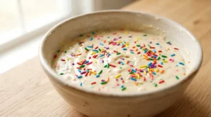 Smooth batter with bright jimmies in a bowl for a rainbow sprinkle cake on a light oak wood table.