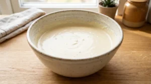 Smooth mixed batter in a ceramic bowl for a soft funfetti cake recipe on a light oak wood table.