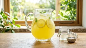 Classic lemonade recipe mixed in a large glass pitcher with simple syrup and salt on a light oak wood table.
