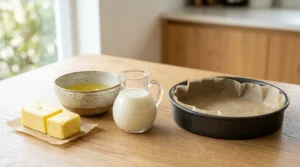 Butter, buttermilk, egg whites, and a lined baking pan for an easy funfetti cake recipe on a light oak wood table.