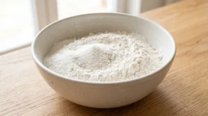 To make the best fluffy pancake recipe with baking powder, a clean ceramic bowl filled with mixed dry ingredients rests on a light oak wood table. Bright natural window light highlights the fresh prep. This strictly no utensils setup shows the easy and quick method of letting the wet batter rest later to activate the baking powder. It will guarantee a perfectly thick and flawless rise every time!!