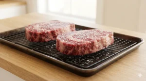 To make the best pan seared ribeye steak recipe, two thick cuts of beef sit on a dark wire rack over a tray. They rest on a light oak wood table in bright natural window light. The meat is covered in coarse salt to dry the surface. This strictly no utensils setup shows the easy and quick way to prep for a perfect crust. Just leave them uncovered in the cold fridge for the best results every time!!