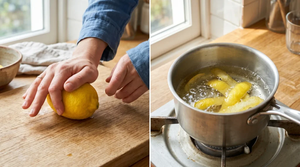 Split screen showing a hand rolling a lemon and zest simmering in a pan for a quick lemonade recipe in bright natural light.