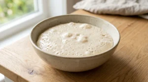 For the best easy fluffy pancake recipe, a clean ceramic bowl with thick bubbly batter rests on a light oak wood table. Bright natural window light shows the puffed texture. This strictly no utensils setup shows the quick trick of resting the mix to let the gluten relax and bubbles form. Never stir the mix again after this. This easy method gives a soft, thick, and perfect rise every single time.