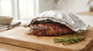 To make a juicy pan seared steak recipe, a thick cooked cut sits on a light oak wood cutting board. It is covered with a loose foil tent. Bright natural window light highlights the fresh herbs and resting juices. This strictly no utensils setup is the best and easy way to show the final rest. Let the meat sit for a few minutes to keep it soft. This quick step gives the best results all the time!!!