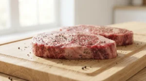 To make a perfect pan seared steak recipe, two thick cuts of beef sit on a light oak wood cutting board. Bright natural window light highlights the fresh black pepper on top. This strictly no utensils setup is the best and easy way to show how to rest the meat before cooking. Pat the surface dry to get a quick and perfect crust. Adding pepper right before the heat stops any bitter burnt flavor!!!!