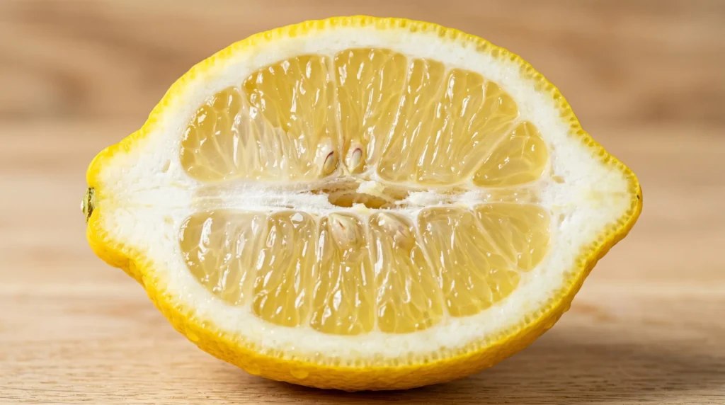 A close up of a fresh lemon half showing juice vesicles for a lemonade recipe with lemon juice on a light oak wood table.