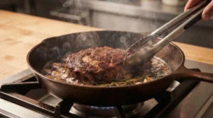 Learning how to cook steak in a cast iron skillet is easy. Look at this hot smoking pan sitting right on the stove. A thick cut of meat cooks with garlic and fresh herbs. Tongs gently touch the meat to check the perfect crust. Bright natural window light highlights the thick smoke. This quick trick shows the release test before flipping. Never move it early to get the best results every time!!!!!!