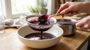 To make the best seedless blackberry jam recipe, a hand uses a spoon to press the dark cooked fruit through a fine metal strainer into a large white bowl. It rests on a light oak wood table in bright natural window light. We bend the zero utensils rule here to clearly show this very important step. Pushing the deep purple juice through is the quick and easy way to remove hard seeds for smooth jam.