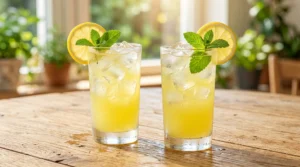 Homemade lemonade for summer served in two tall glasses over ice with mint and lemon slices on a light oak wood table.