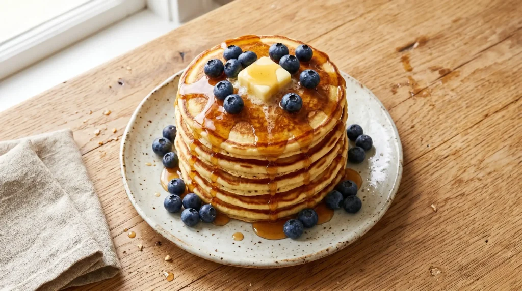 For the best fluffy blueberry pancake recipe, serve a thick hot stack on a ceramic plate resting on a light oak wood table. Bright natural window light highlights sweet syrup and fresh berries on top. This strictly no utensils setup is the quick and easy way to show a perfect morning meal. Add cold butter for the best soft texture and thick height. Serve right away to enjoy the fresh sweet taste!!
