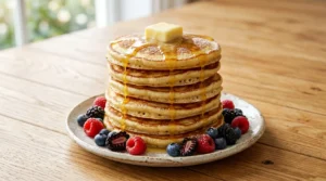 A perfect tall stack of a homemade fluffy pancake recipe sits on a ceramic plate on a light oak wood table. Bright natural window light highlights the melting butter and sweet syrup. This strictly no utensils setup is the best and easy way to show a quick morning meal. Fresh berries surround the thick stack. Serve them hot off the pan to enjoy the best texture and taste every single time. Enjoy!!!