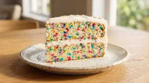 A colorful slice of a homemade funfetti cake on a plate on a light oak wood table.