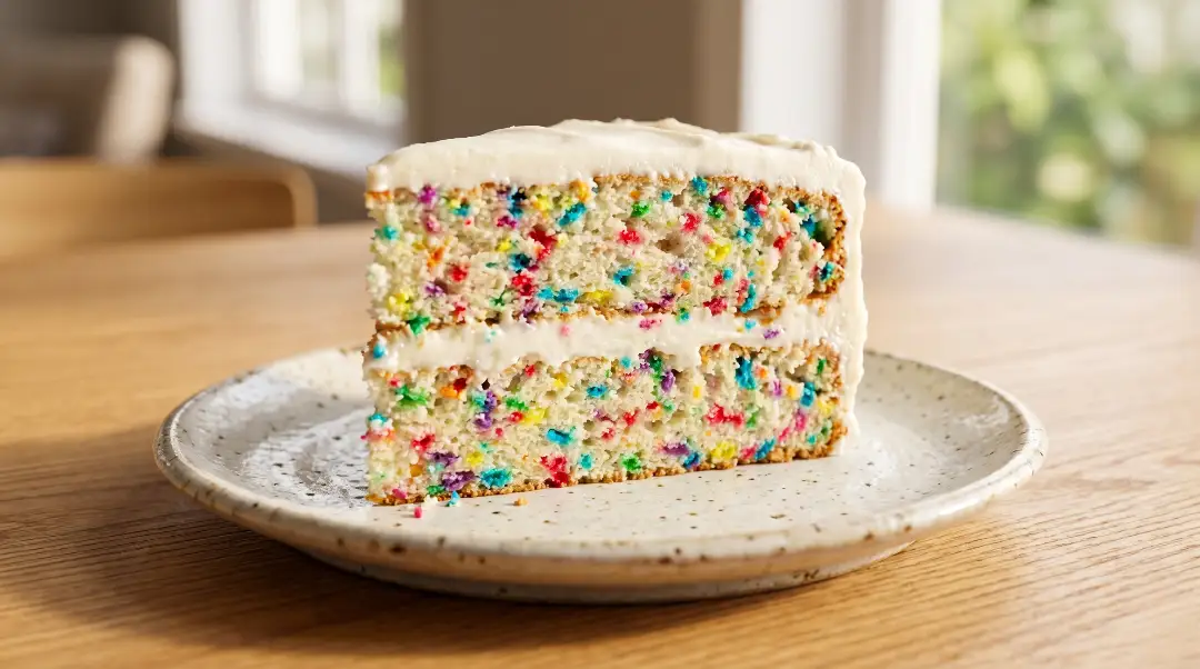A colorful slice of a homemade funfetti cake on a plate on a light oak wood table.