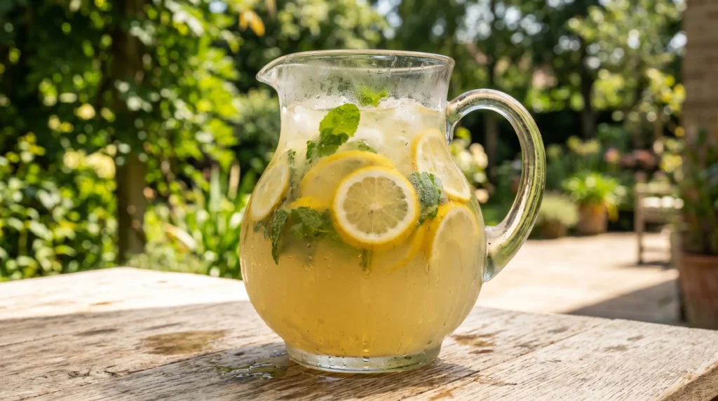 A large glass pitcher filled with a lemonade recipe for a crowd on a light oak wood table outdoors.