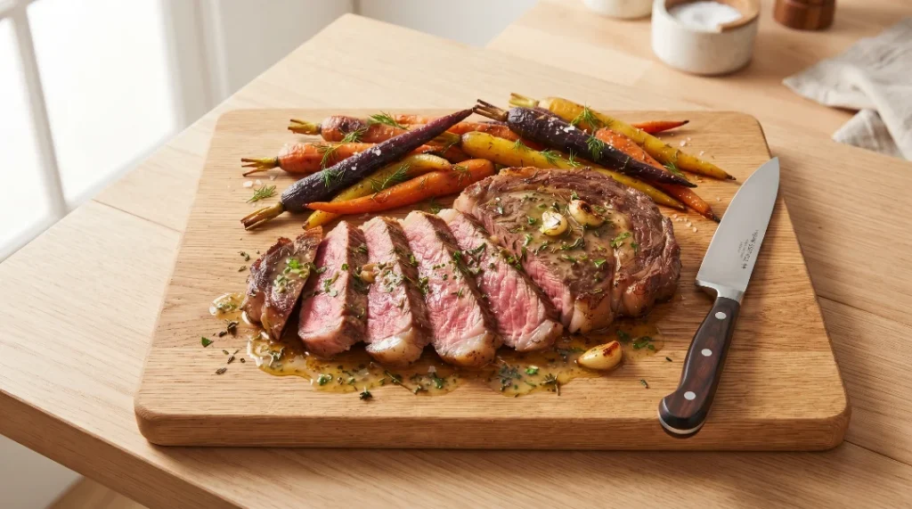 To serve a restaurant style pan seared steak, place the sliced meat on a wooden cutting board on a light oak table. Bright natural window light highlights the pink center, garlic butter, and roasted rainbow carrots. We use a knife here to show it is ready to eat. This quick and easy presentation is the best way to impress your family and friends. Serve it hot for an amazing dinner tonight