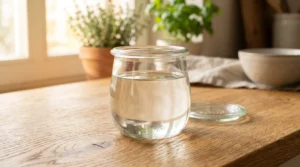 Clear simple syrup in a glass jar for a cold coffee recipe on a light oak wood table.