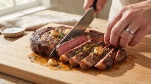 To serve the best pan seared steak with garlic herb butter, a knife cuts the thick meat on a light oak wood cutting board. Bright natural window light highlights the pink center and fresh herbs. We show a knife here to explain the easy and quick way to slice against the grain. This step makes the meat very soft. Spoon the hot juices over the top for the perfect finish to your dinner tonight!!!!