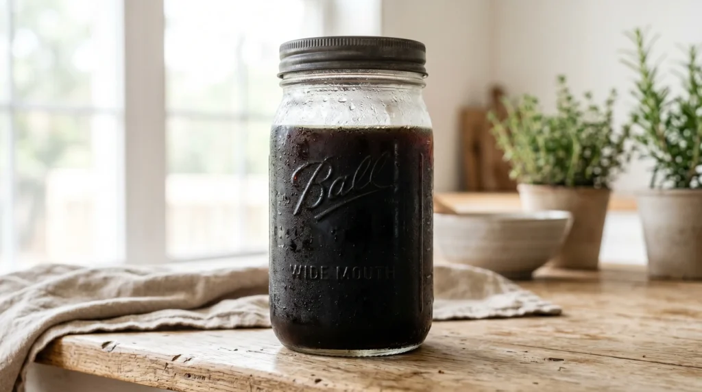A cold mason jar steeping an iced coffee without machine recipe on a light oak wood table.