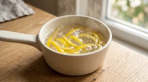 Easy homemade lemonade simple syrup with lemon zest simmering in a saucepan on a light oak wood table.
