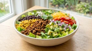 To make the best taco salad bowl recipe, a large ceramic bowl sits on a light oak wood table. Bright natural window light highlights the fresh layers of crisp romaine lettuce, black beans, corn, warm beef, cheese, tomatoes, and diced avocado. This strictly no utensils setup is the quick and easy way to show a perfect build. Keep the fresh cuts on top for the best texture and amazing flavor