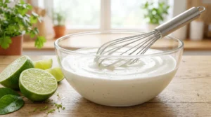To make the best taco salad dressing recipe, a glass bowl sits on a light oak wood table. It holds a smooth white sauce with a metal whisk. Fresh green lime halves sit next to the bowl in bright natural window light. We bend the zero utensils rule here to show this easy mixing step. Blend sour cream and lime juice until smooth. Refrigerate this quick topping before serving for a great meal.