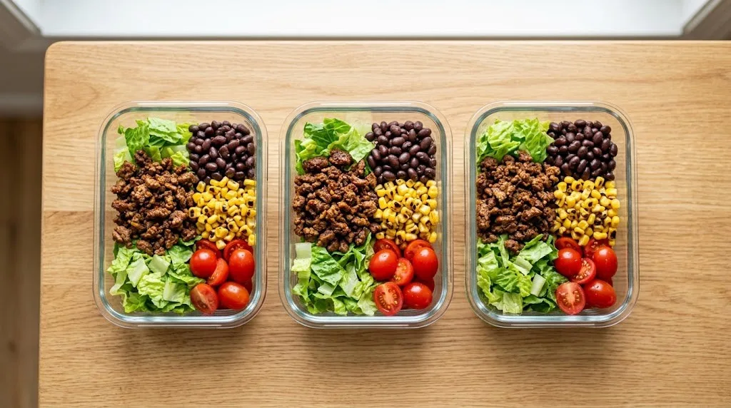 To show the best taco salad meal prep recipe, three clear glass containers sit on a light oak wood table. Bright natural window light highlights the fresh separated layers of lettuce, beef, black beans, corn, and tomatoes. This strictly no utensils flat lay shows the quick and easy way to store your food for the week. Keep the wet and dry parts apart so every bite stays crisp for dinner.