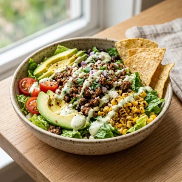 To show the best taco salad recipe, a loaded ceramic bowl sits on a light oak wood table. Bright natural window light highlights fresh romaine lettuce, black beans, corn, warm beef, tomatoes, sliced avocado, and crispy chips. A creamy dressing drizzles over the top. This strictly no utensils setup is the quick and easy way to present a beautiful dinner. Serve it hot for an amazing meal today