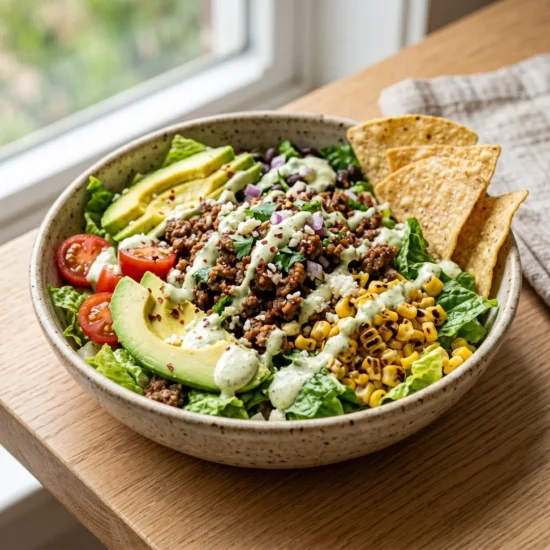 To show the best taco salad recipe, a loaded ceramic bowl sits on a light oak wood table. Bright natural window light highlights fresh romaine lettuce, black beans, corn, warm beef, tomatoes, sliced avocado, and crispy chips. A creamy dressing drizzles over the top. This strictly no utensils setup is the quick and easy way to present a beautiful dinner. Serve it hot for an amazing meal today
