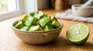 To make the best taco salad recipe with avocado, diced green pieces sit in a small ceramic bowl on a light oak wood table. A fresh lime half rests next to the bowl in bright natural window light. This strictly no utensils setup is the quick and easy way to show how to stop the browning. Toss the fresh cuts with acid right away to keep that perfect bright color for your amazing dinner tonight