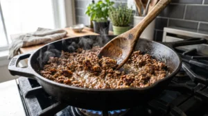 To make the best taco salad recipe with ground beef, fresh meat cooks in a hot black skillet on a stove. Bright natural window light highlights the deep brown crust forming in the pan. This strictly no utensils setup is the quick and easy way to show how real flavor develops. Do not stop until no pink remains. A clean look shows the exact steps for your dinner. Serve it hot and enjoy every bite