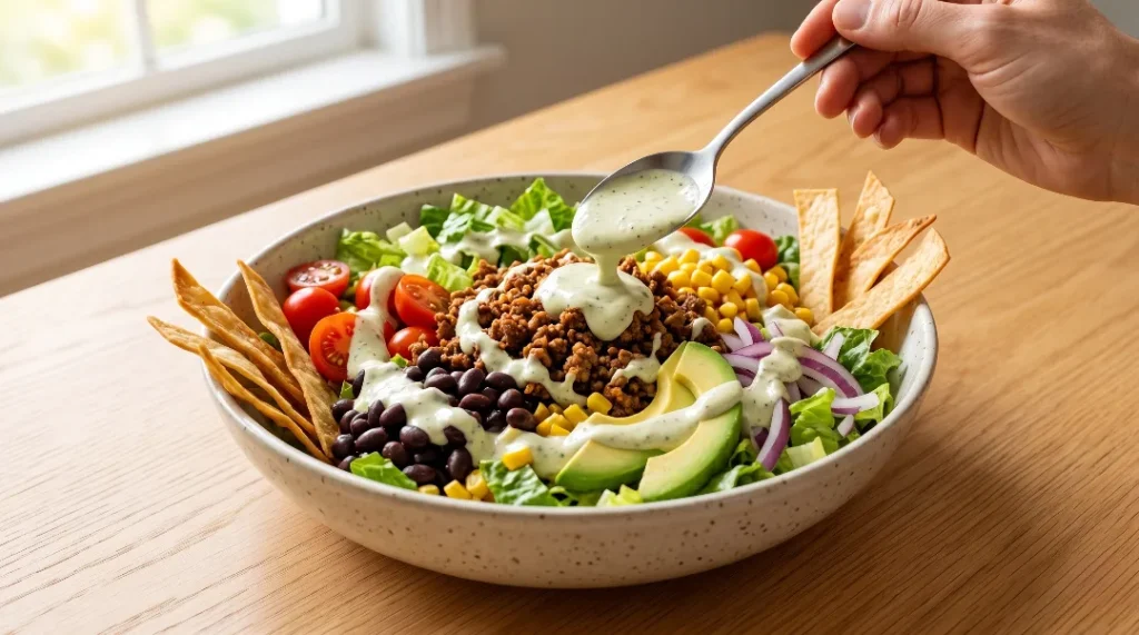 To finish the best taco salad recipe with tortilla chips, a hand uses a spoon to drizzle creamy dressing over a loaded ceramic bowl. It sits on a light oak wood table in bright natural window light. We bend the zero utensils rule here to show this vital step. Pour the sauce right before eating to keep the leaves crisp. Add crunchy strips. This is the quick and easy way to serve dinner tonight