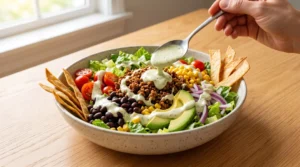 To finish the best taco salad recipe with tortilla chips, a hand uses a spoon to drizzle creamy dressing over a loaded ceramic bowl. It sits on a light oak wood table in bright natural window light. We bend the zero utensils rule here to show this vital step. Pour the sauce right before eating to keep the leaves crisp. Add crunchy strips. This is the quick and easy way to serve dinner tonight