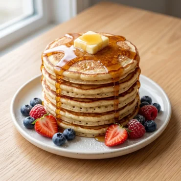 To show the best easy fluffy pancake recipe, a tall stack sits on a plate on a light oak wood table. Bright natural window light perfectly highlights the thick syrup over cold butter and fresh berries. This strictly no utensils setup is the quick and easy way to present a very beautiful morning meal. Serve them hot to keep the soft texture. This clean look gives the best results every single time!!!