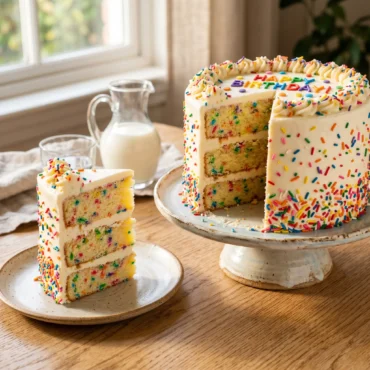A sliced birthday cake and a plated slice showing an easy funfetti cake recipe on a light oak wood table.