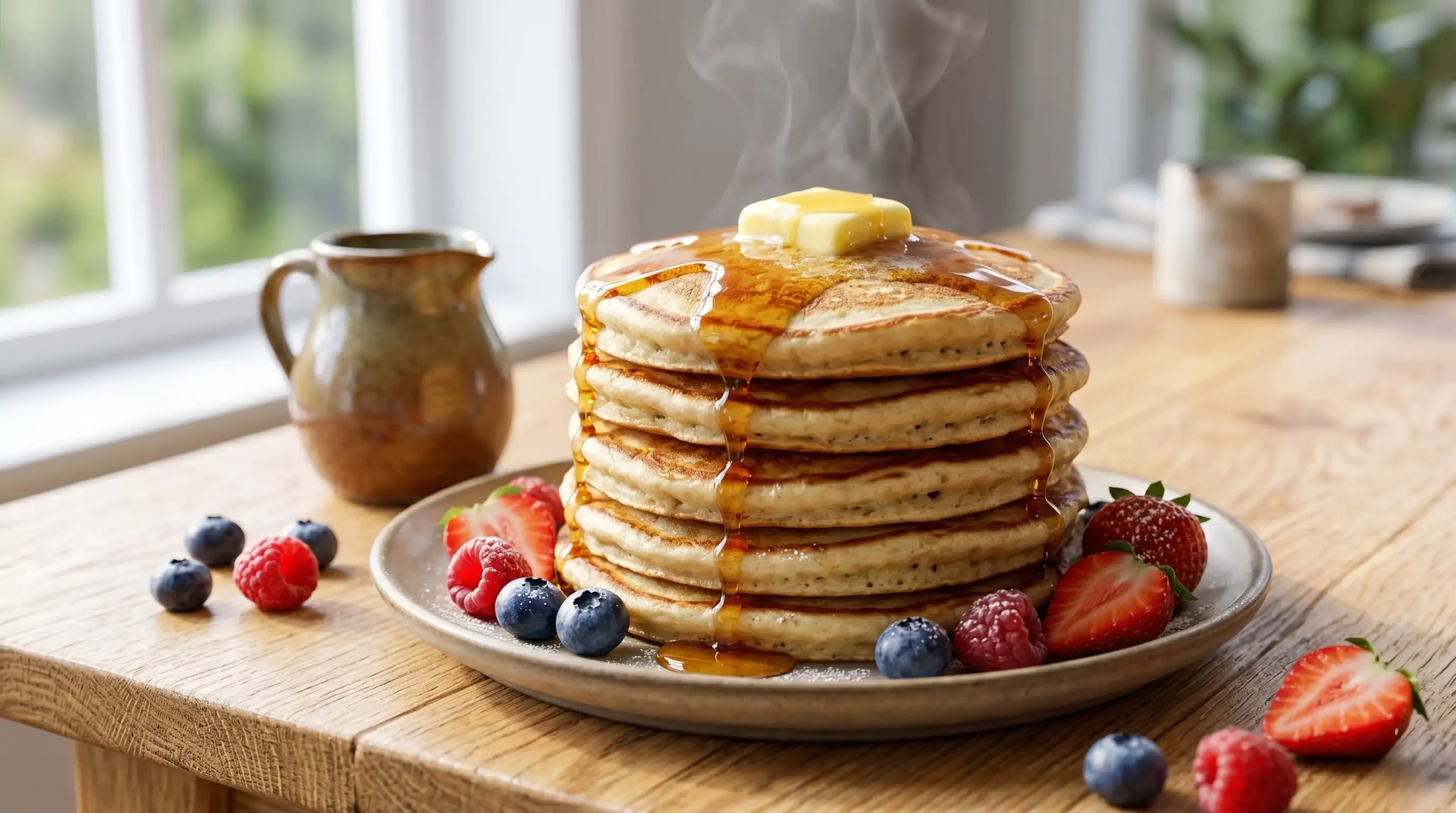 For the best fluffy pancake recipe, look at this tall steaming stack on a ceramic plate on a light oak wood table. Bright natural window light highlights melting butter and rich syrup drips. This strictly no utensils setup is the quick and easy way to show perfect morning meal. Fresh berries surround the hot stack. Serve them right away for the best soft texture and thick height every single time.