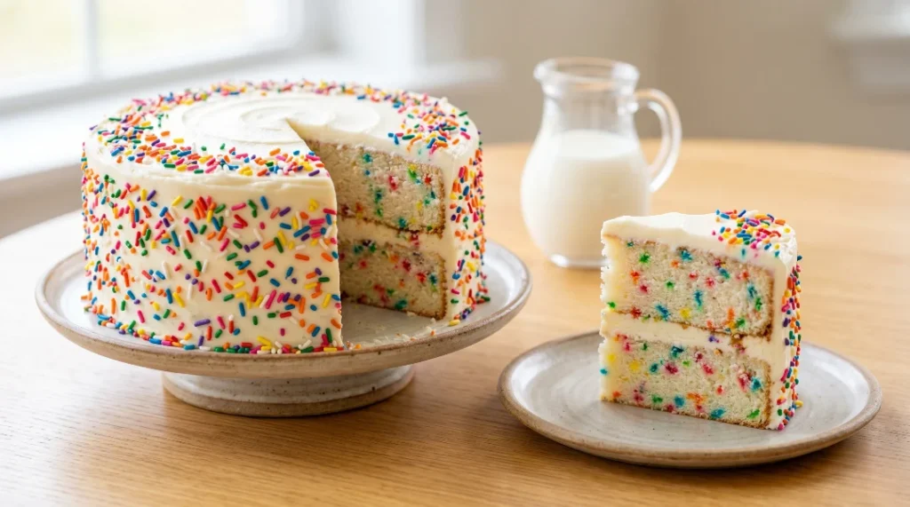 A sliced two-layer cake and a plate showing the best funfetti cake recipe on a light oak wood table.