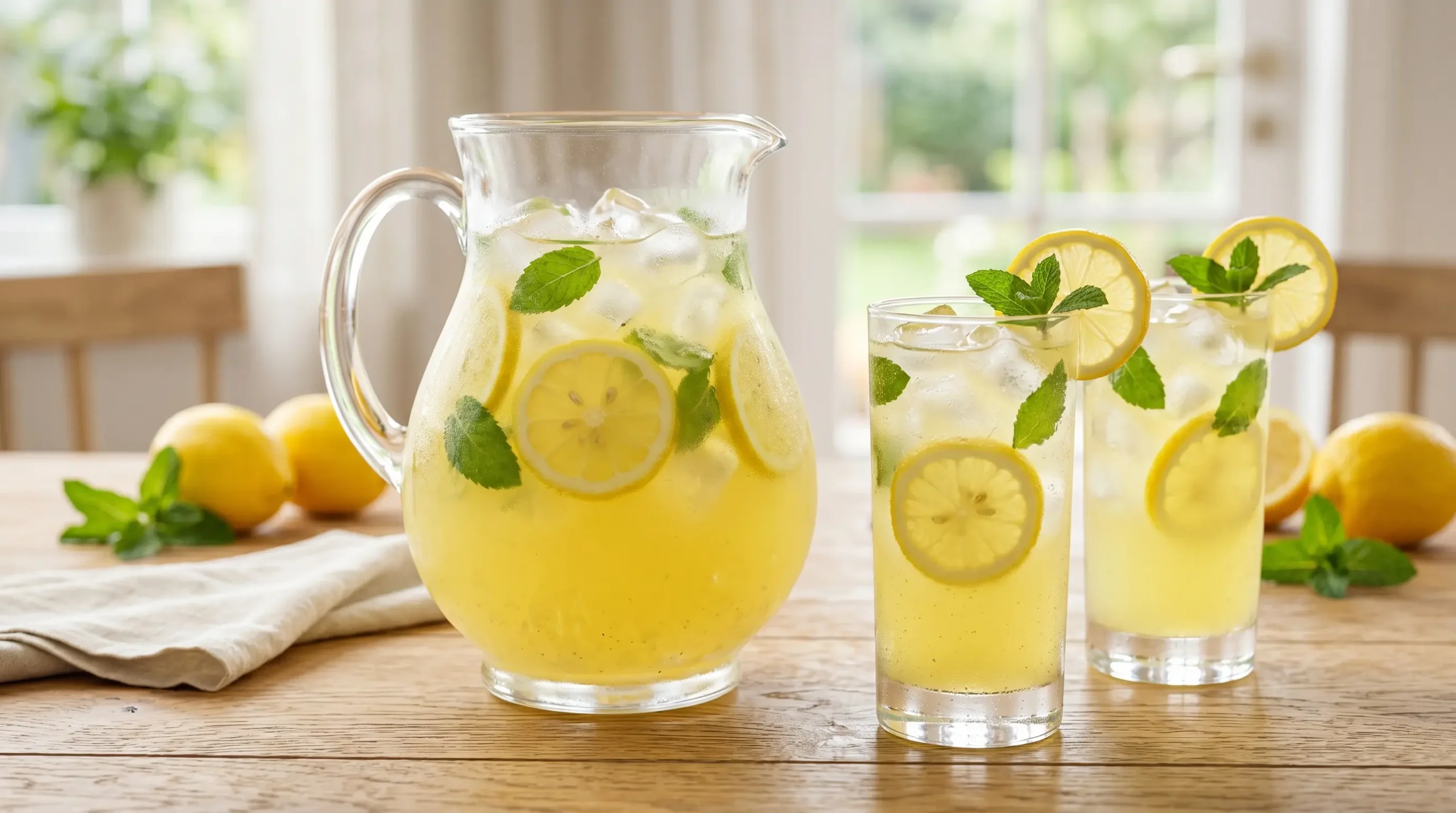 A pitcher and two glasses showing the best homemade lemonade recipe on a light oak wood table.
