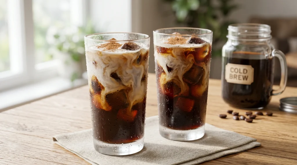 Two glasses showing the best iced coffee recipe with milk swirls and a cold brew jar on a light oak wood table.