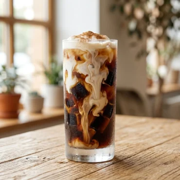 A tall frosty glass showing the best iced coffee recipe with milk swirls on a light oak wood table.