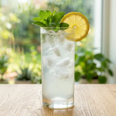A tall frosty glass showing the best Homemade lemonade recipe with ice, mint, and a lemon slice on a light oak wood table.