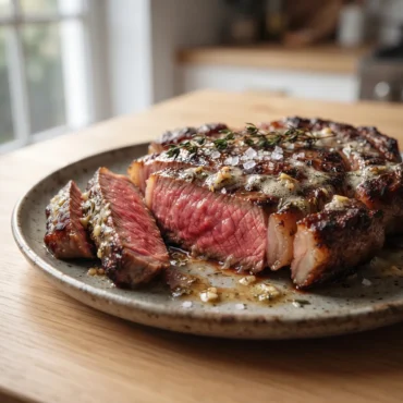 To show the best Pan-Seared Steak Recipe, a perfectly cooked thick cut sits on a ceramic plate on a light oak wood table. Bright natural window light highlights the pink center, garlic, and fresh herbs. This strictly no utensils setup is the quick and easy way to present a beautiful dinner. The rich juices and coarse salt make it look amazing. Serve it hot for the most delicious meal tonight