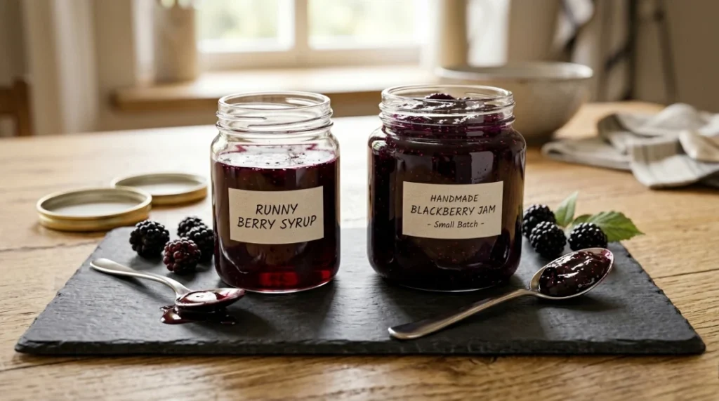 To show how to make blackberry jam, a side-by-side science hack compares a jar of runny berry syrup to a perfect set jar of handmade blackberry jam. They sit on a black slate board on a light oak wood table. Bright natural window light highlights the clear texture difference. We bend the zero utensils rule here for two spoons to show the jam vs syrup. This is the quick and easy way to learn when your batch is ready.